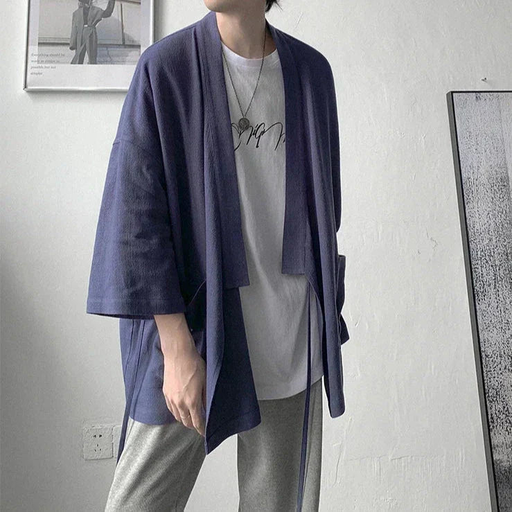 Japanese-themed Black Midnight Purple Minimalist Men’s Kimono Jacket