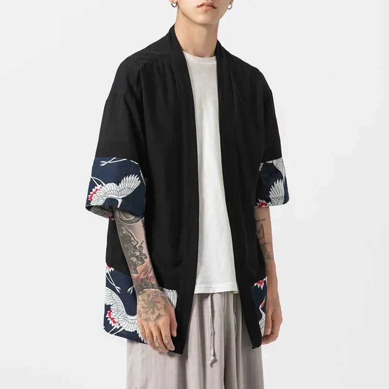 Japanese-themed Minimalist Crane Men’s Kimono Jacket