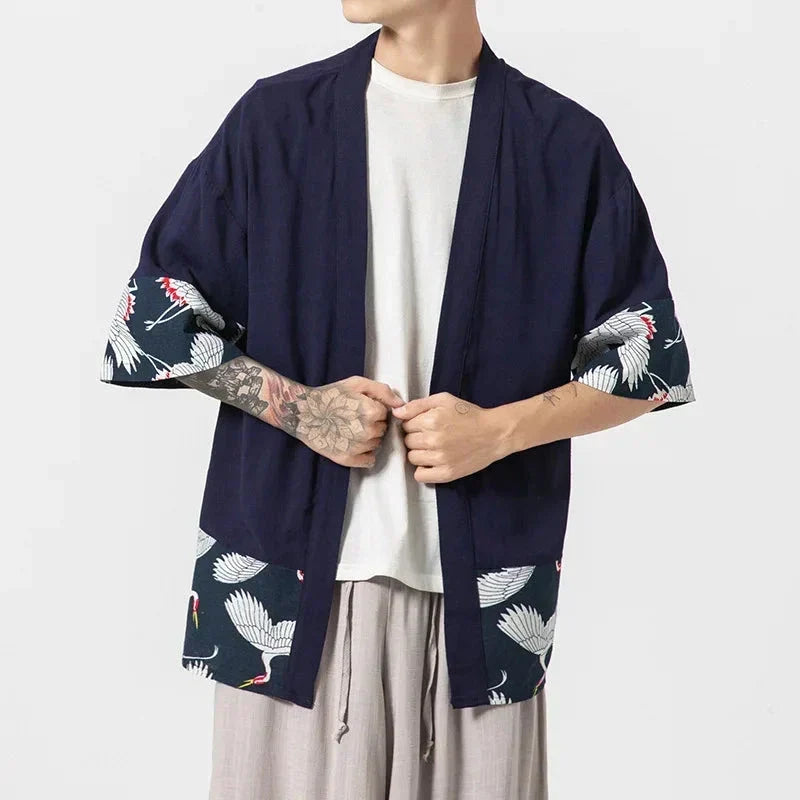 Japanese-themed Minimalist Crane Men’s Kimono Jacket
