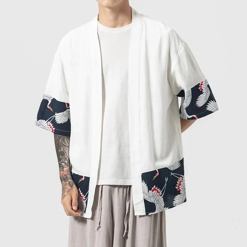 Japanese-themed Minimalist Crane Men’s Kimono Jacket