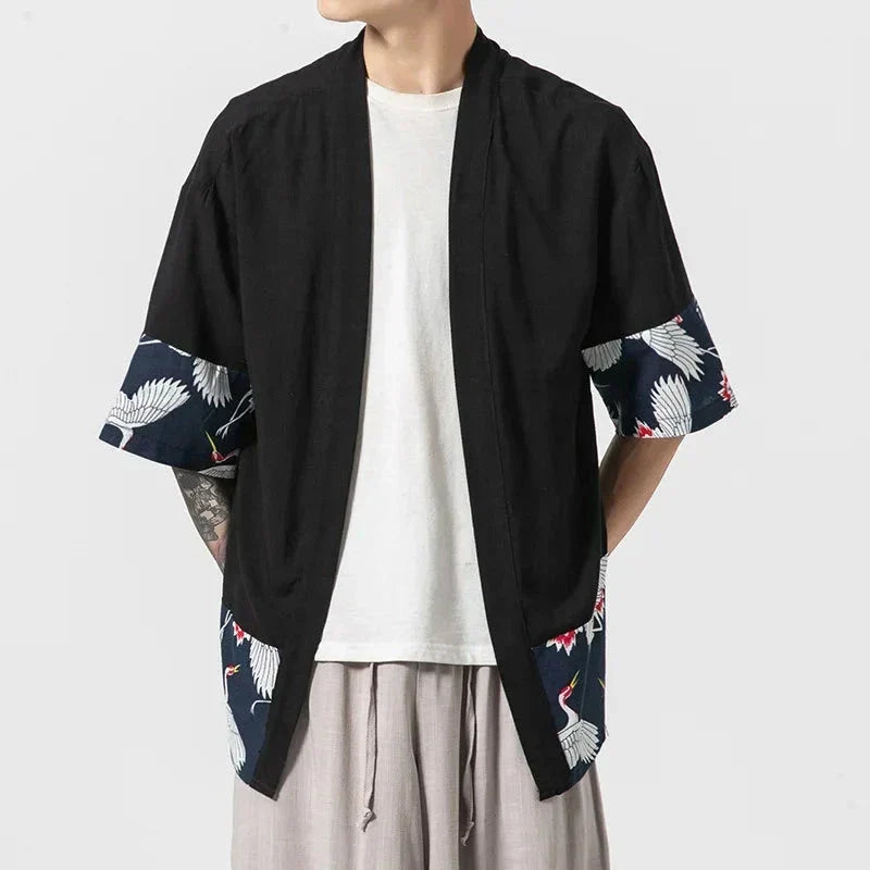 Japanese-themed Minimalist Crane Men’s Kimono Jacket