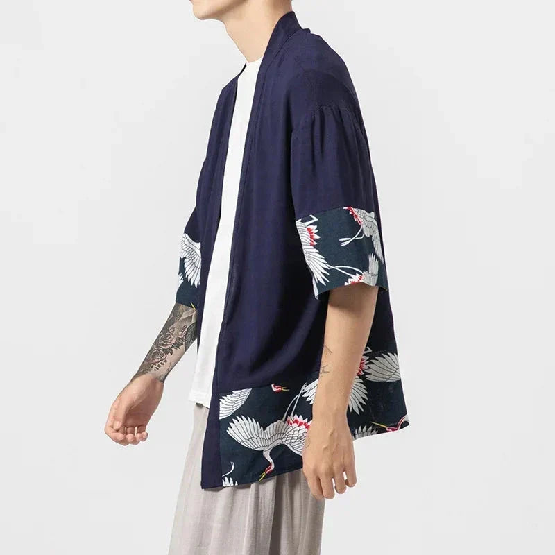 Japanese-themed Minimalist Crane Men’s Kimono Jacket