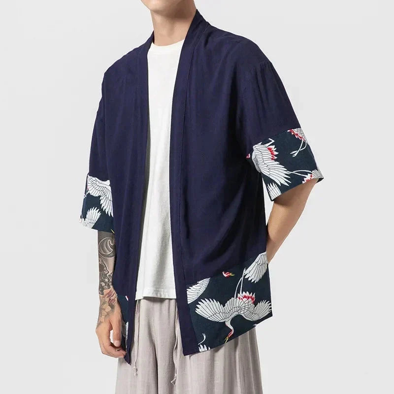 Japanese-themed Minimalist Crane Men’s Kimono Jacket