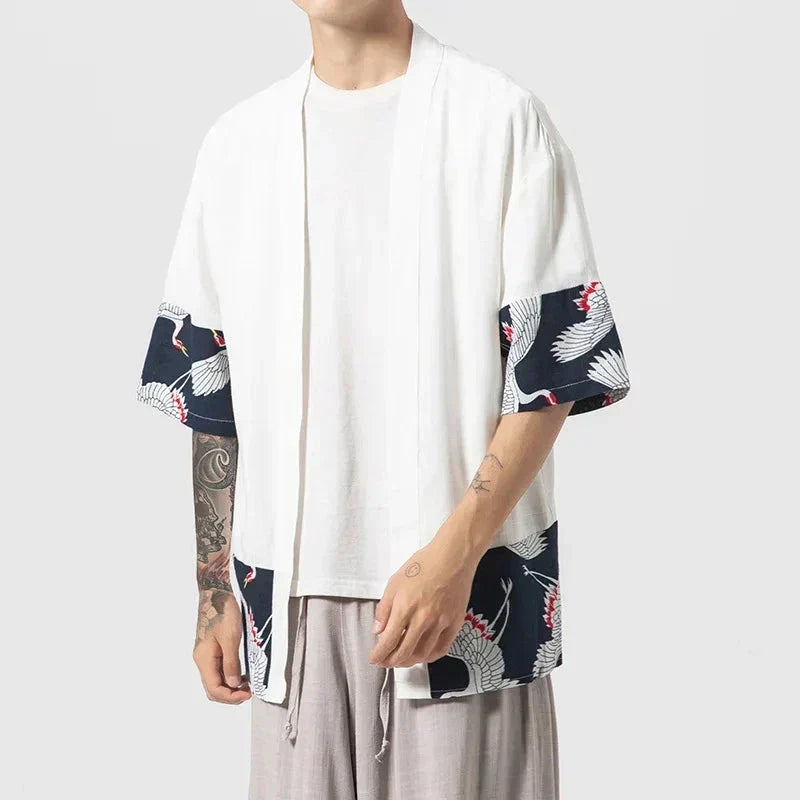 Japanese-themed Minimalist Crane Men’s Kimono Jacket