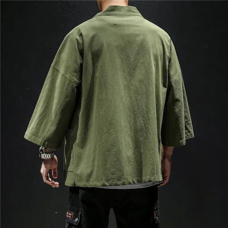 Japanese-themed Moss Green Charcoal Grey Men’s Kimono Jacket
