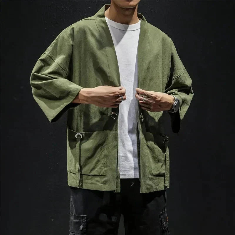 Japanese-themed Moss Green Charcoal Grey Men’s Kimono Jacket