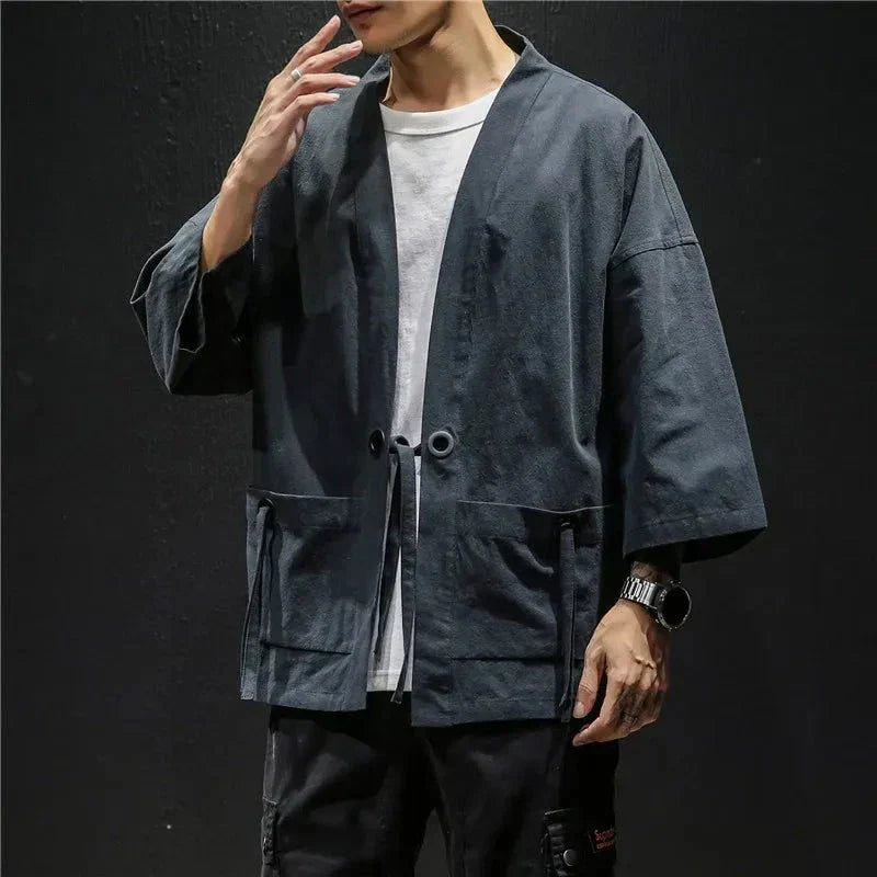 Japanese-themed Moss Green Charcoal Grey Men’s Kimono Jacket
