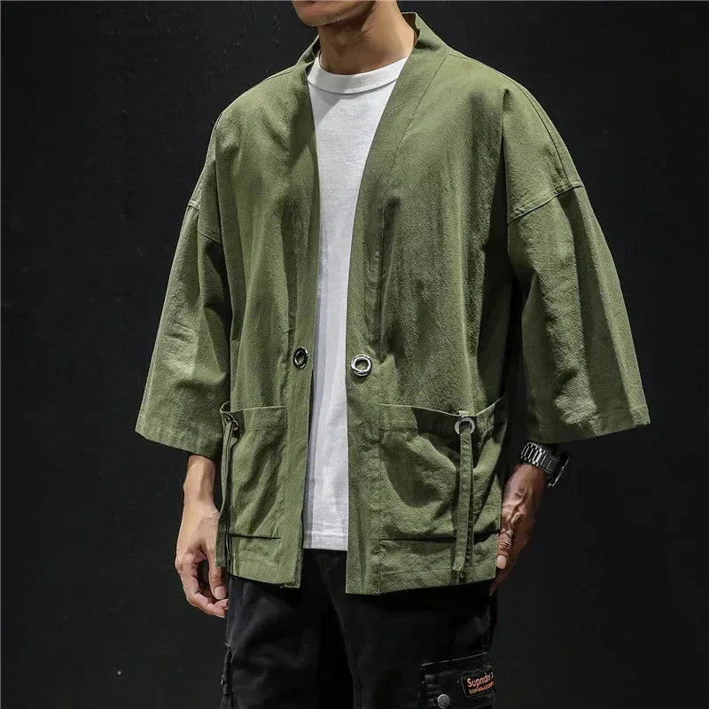 Japanese-themed Moss Green Charcoal Grey Men’s Kimono Jacket