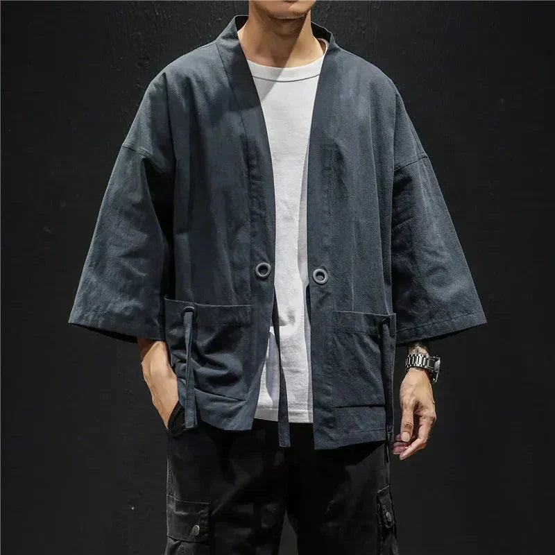 Japanese-themed Moss Green Charcoal Grey Men’s Kimono Jacket