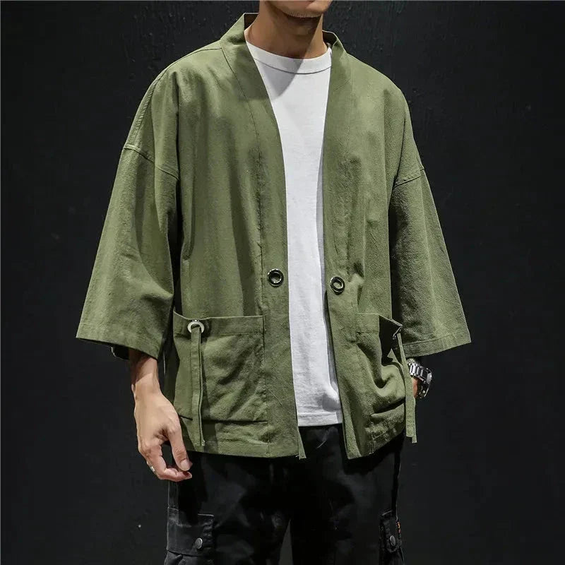 Japanese-themed Moss Green Charcoal Grey Men’s Kimono Jacket
